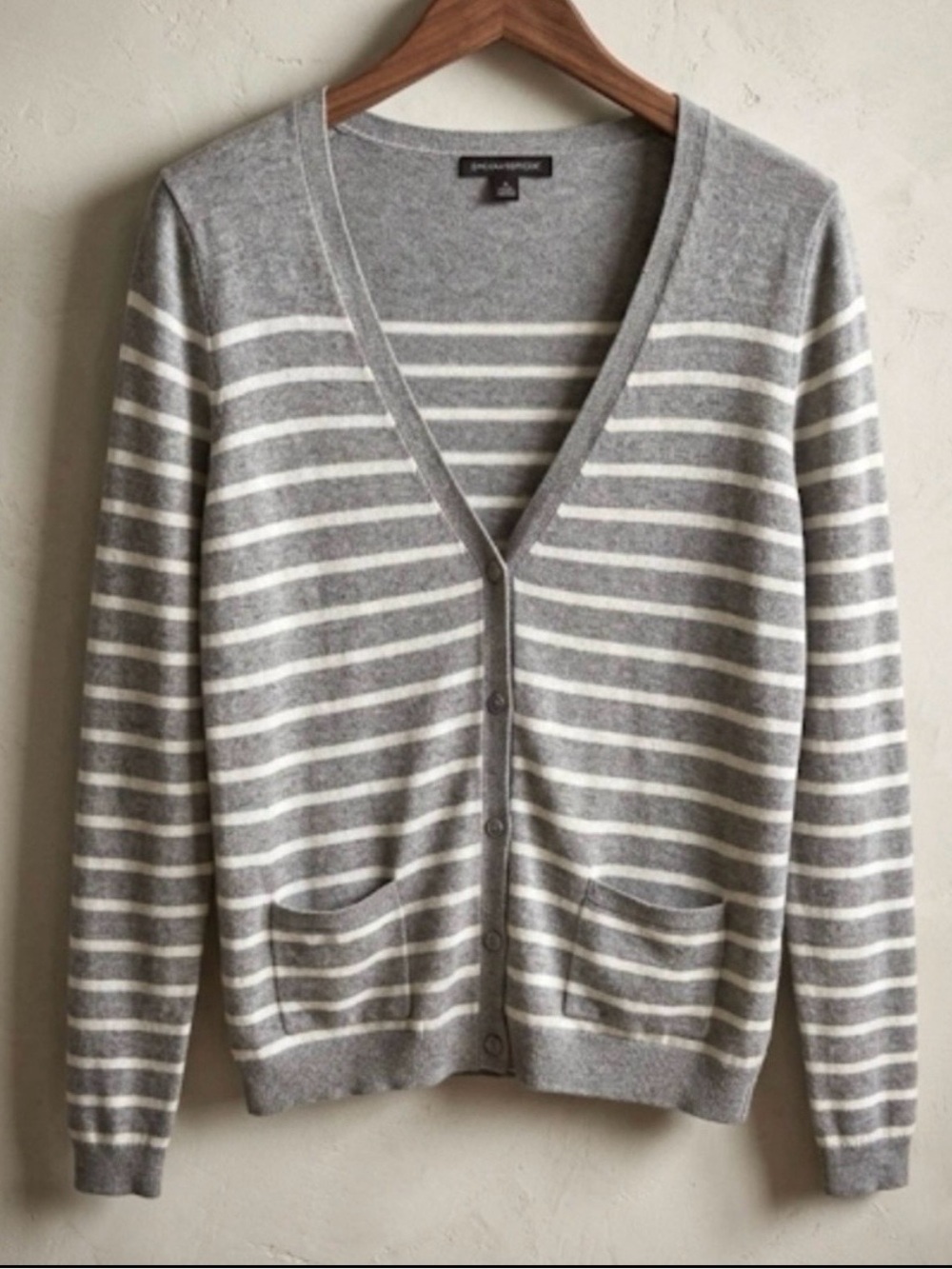Banana Republic Breton Stripe V Neck Button Front Cardigan Gray White Women’s XS